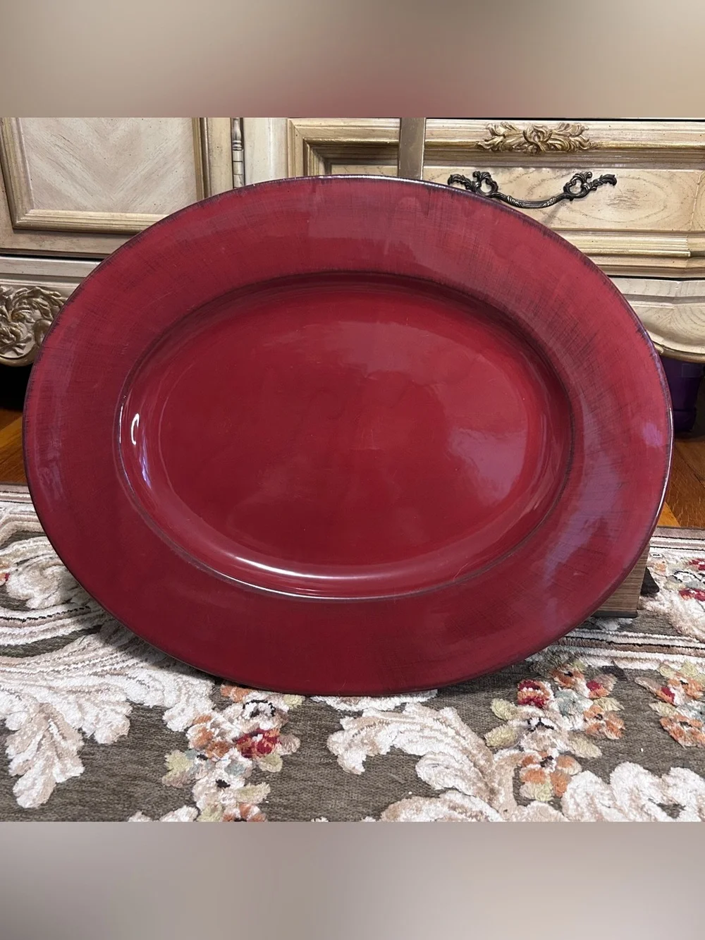 Pier 1 Toscana Burgundy Maroon Hand Painted Italy Ceramic Serving 19” Platter